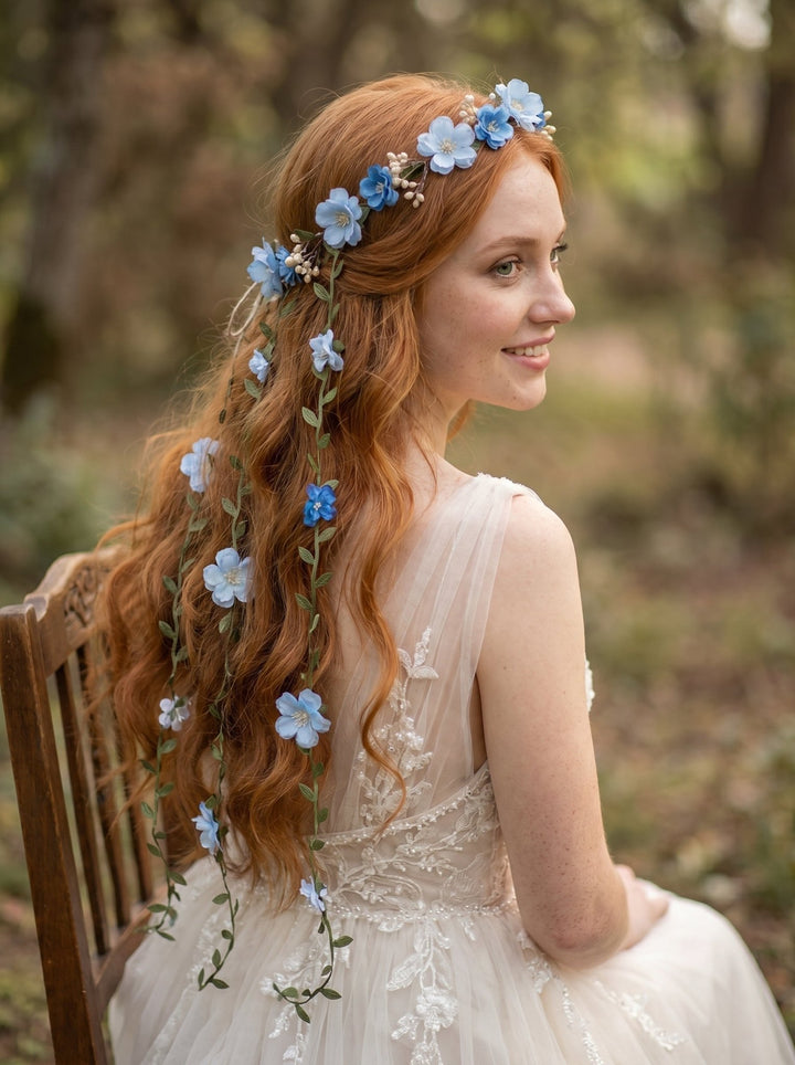 Blue Flower Crown with Floral Vine Veil – Fairy Wedding Headpiece & Woodland Bridal Wreath – handmade floral hair accessory by magaela