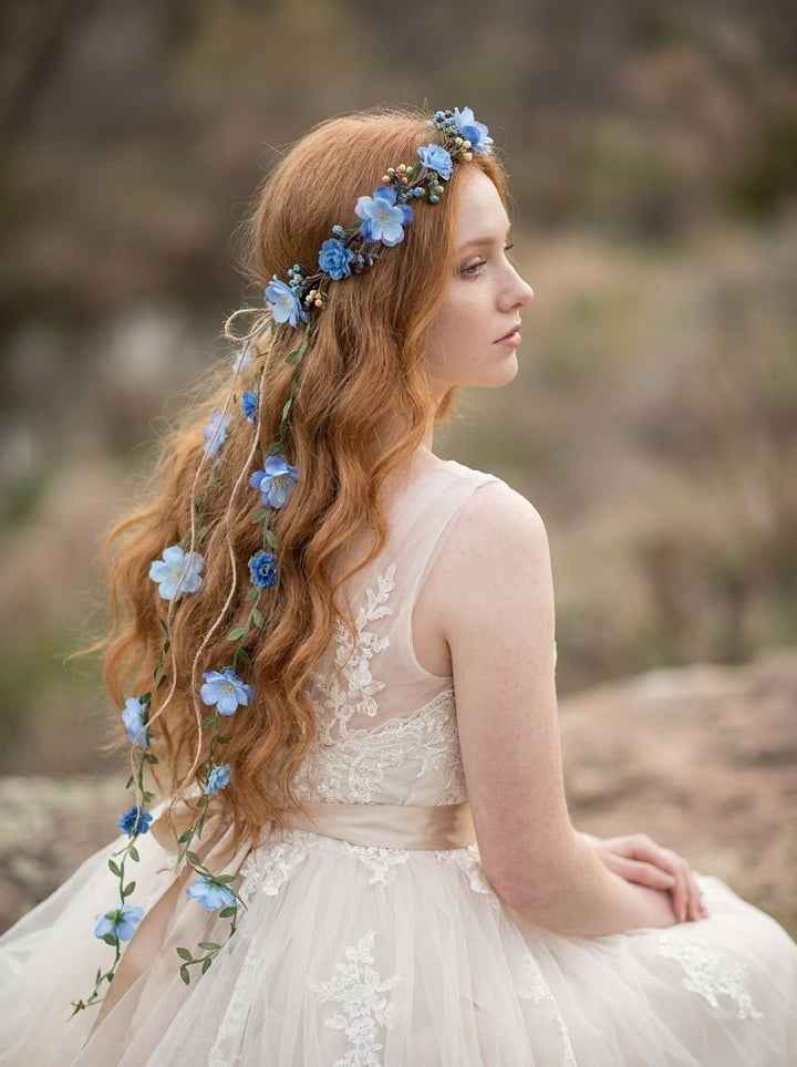 Blue Flower Crown with Floral Vine Veil – Fairy Wedding Headpiece & Woodland Bridal Wreath – handmade floral hair accessory by magaela