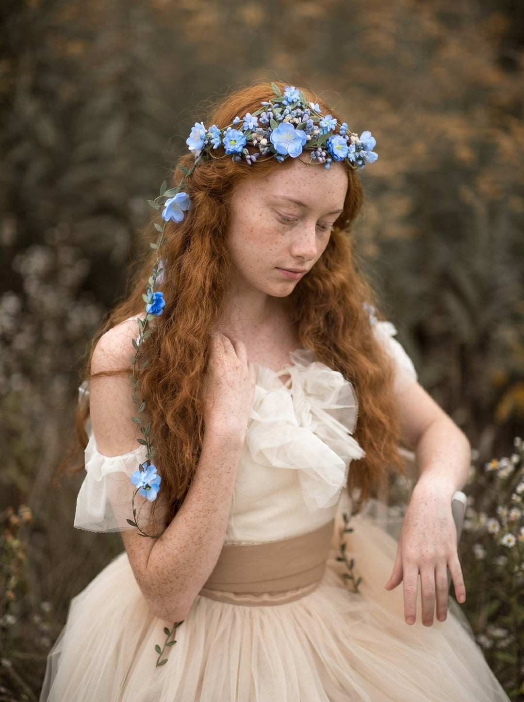 Blue Flower Crown with Floral Vine Veil – Fairy Wedding Headpiece & Woodland Bridal Wreath – handmade floral hair accessory by magaela