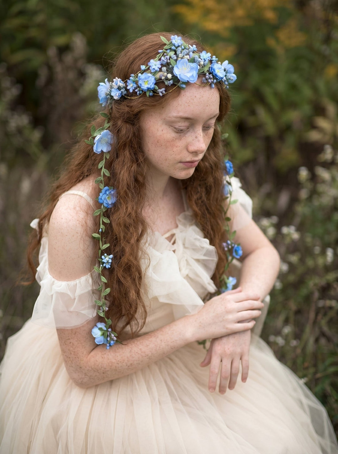 Blue Flower Crown with Floral Vine Veil – Fairy Wedding Headpiece & Woodland Bridal Wreath – handmade floral hair accessory by magaela