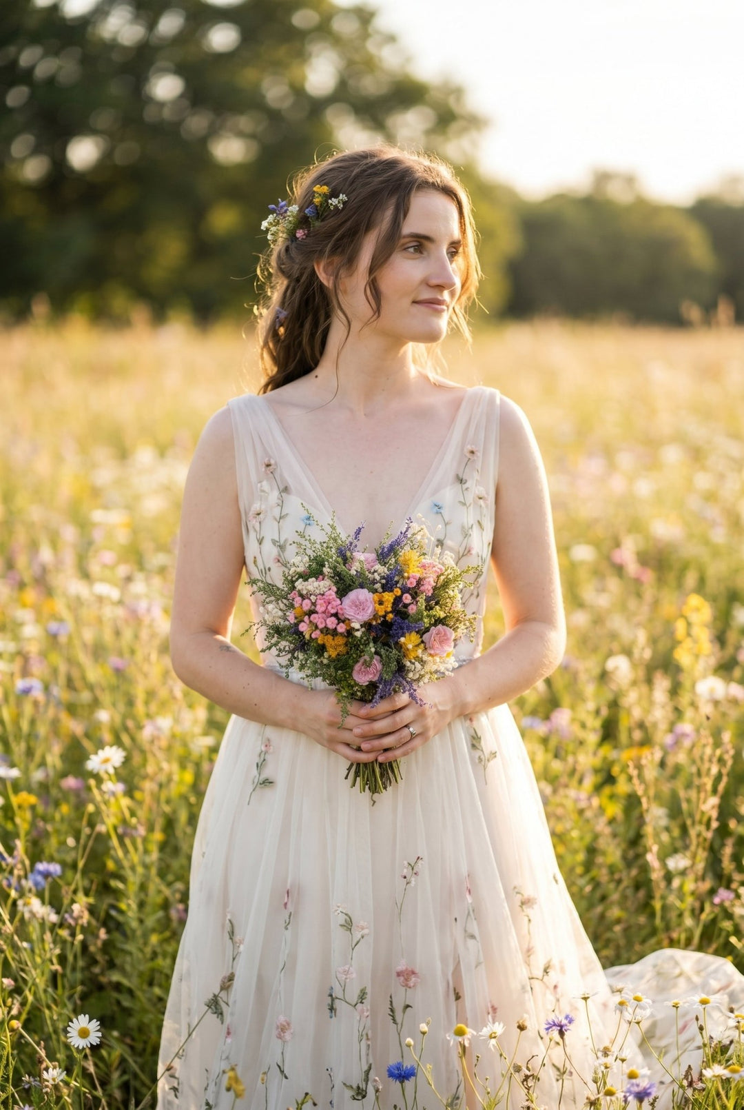 Wildflower Bridal Bouquet: Summer Meadow Wedding, Cottagecore Style – handmade floral hair accessory by magaela