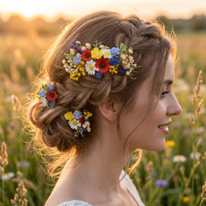 Folk Meadow Flower Hair Comb & Pins: Poppy Daisy Wedding Accessories – handmade floral hair accessory by magaela