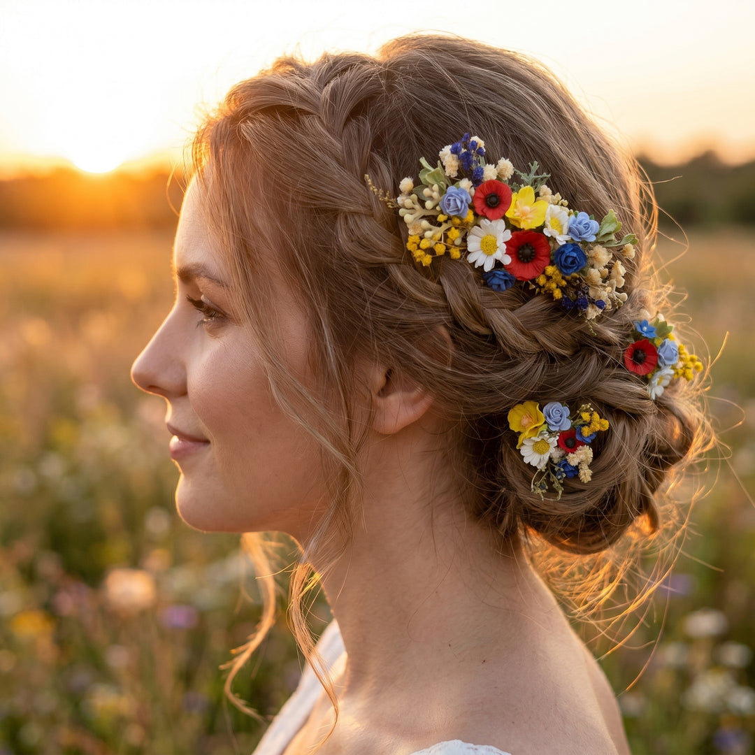Folk Meadow Flower Hair Comb & Pins: Poppy Daisy Wedding Accessories – handmade floral hair accessory by magaela