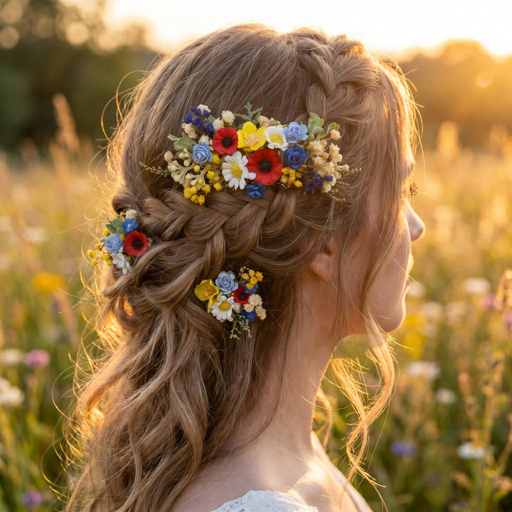 Folk Meadow Flower Hair Comb & Pins: Poppy Daisy Wedding Accessories – handmade floral hair accessory by magaela
