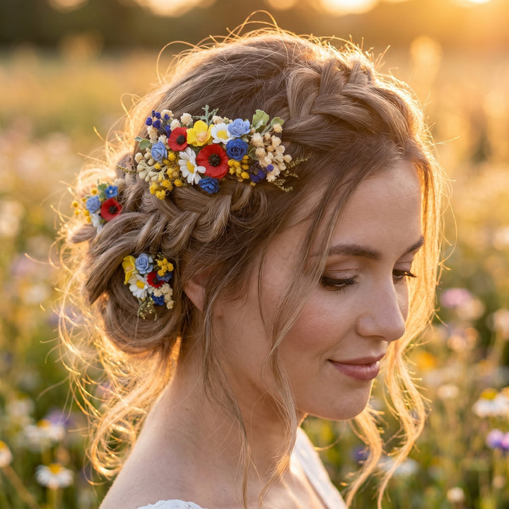 Folk Meadow Flower Hair Comb & Pins: Poppy Daisy Wedding Accessories – handmade floral hair accessory by magaela