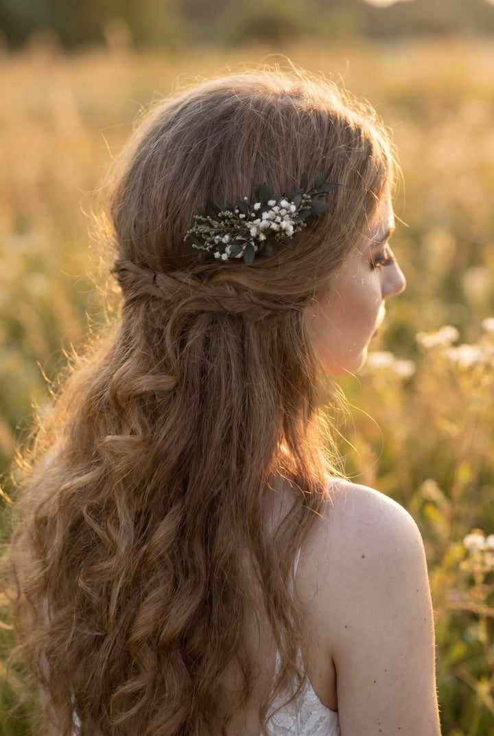 Greenery Wedding Mini Hair Comb : Baby's Breath Bridal Accessory – handmade floral hair accessory by magaela