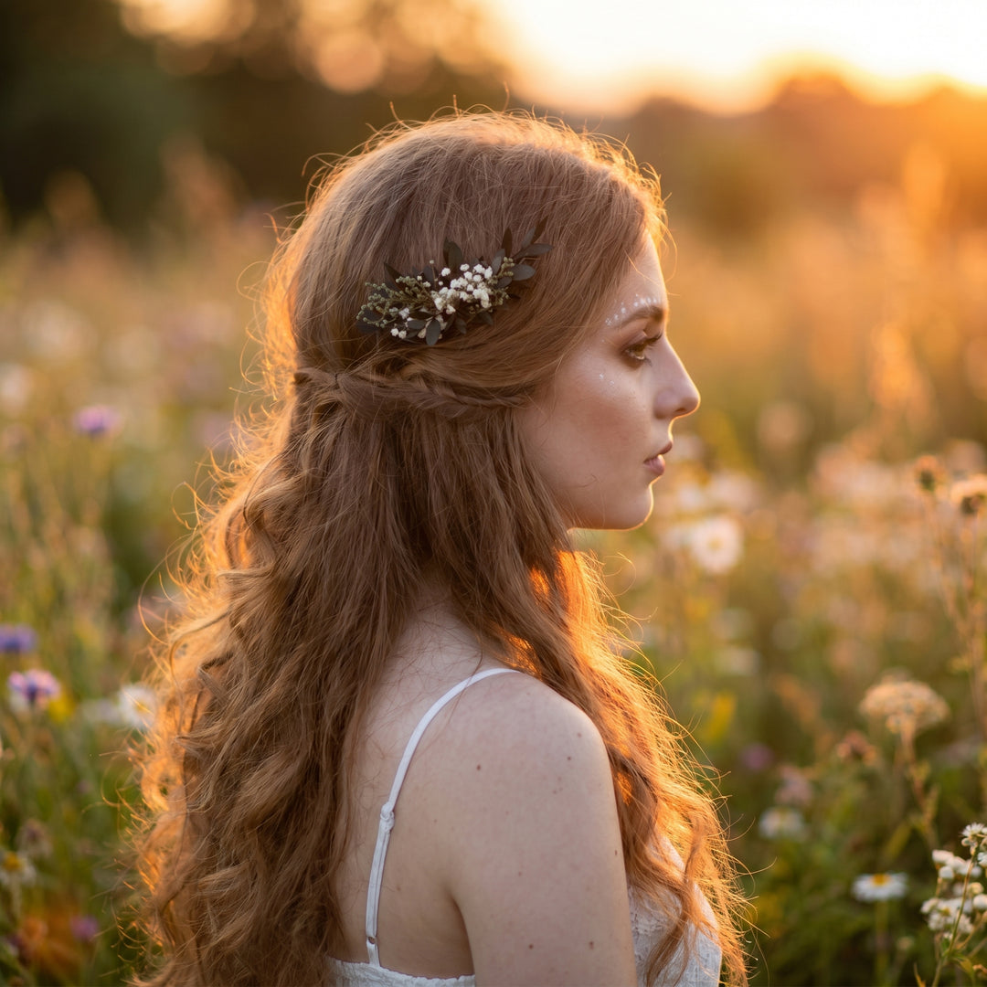 Greenery Wedding Mini Hair Comb : Baby's Breath Bridal Accessory – handmade floral hair accessory by magaela