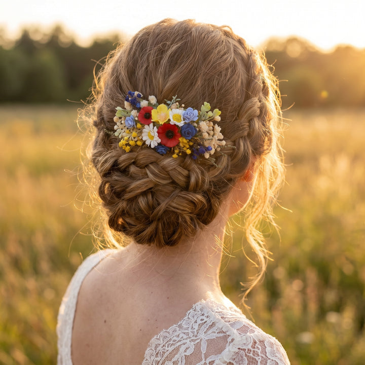 Folk Meadow Flower Hair Comb & Pins: Poppy Daisy Wedding Accessories – handmade floral hair accessory by magaela