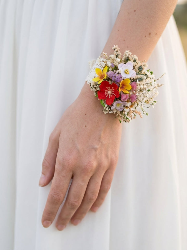Wildflower Floral Bracelet – Botanical Wrist Wedding Corsage – handmade floral hair accessory by magaela