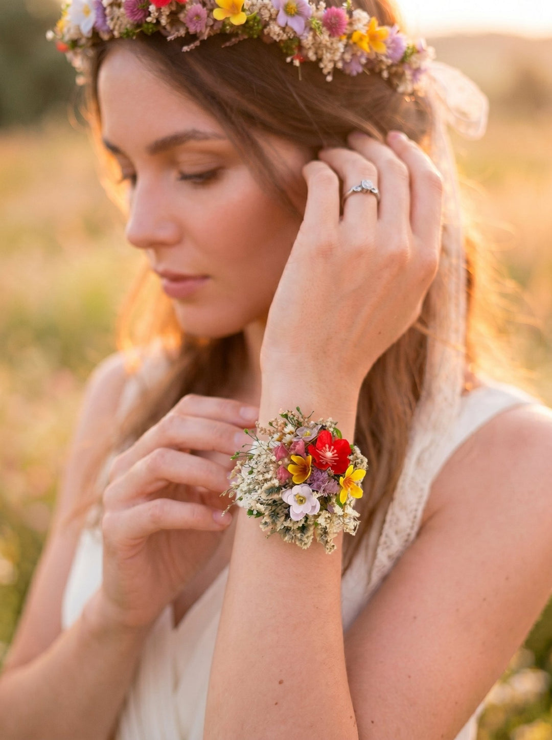 Wildflower Floral Bracelet – Botanical Wrist Wedding Corsage – handmade floral hair accessory by magaela