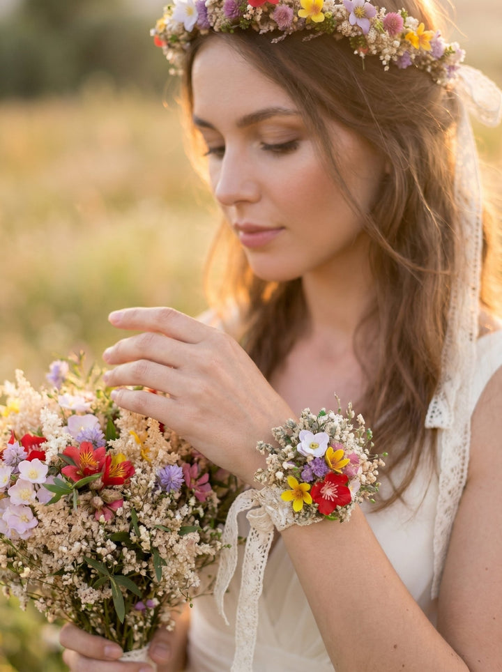 Wildflower Floral Bracelet – Botanical Wrist Wedding Corsage – handmade floral hair accessory by magaela