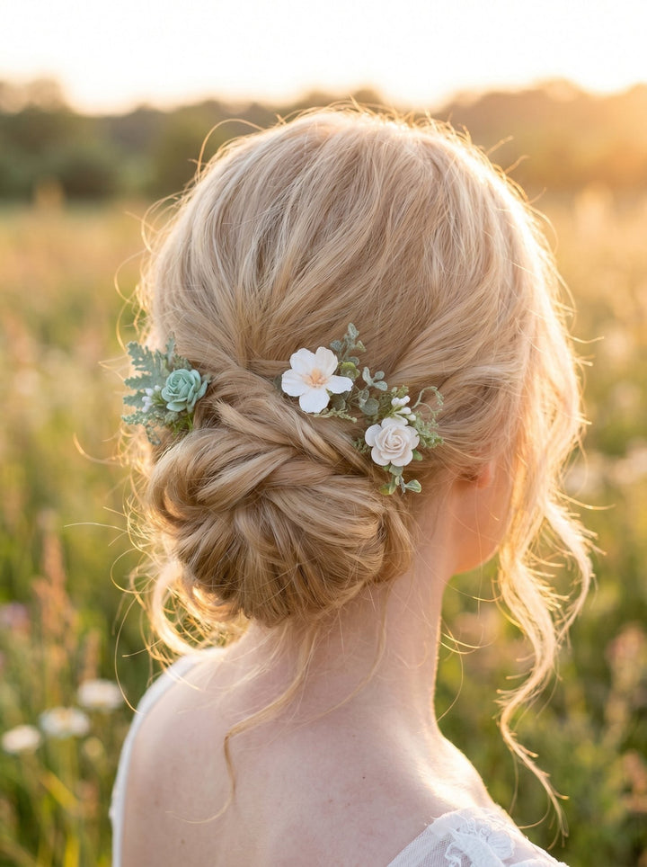 Sage Green Floral Hair Pins: Bridal White Rose Hair Accessories – handmade floral hair accessory by magaela