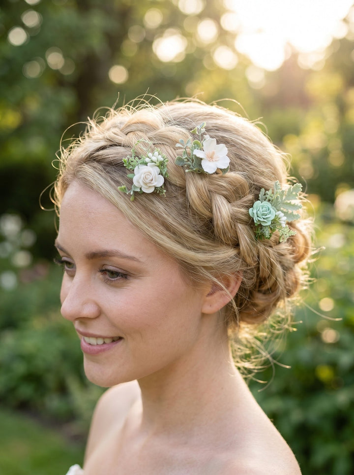 Sage Green Floral Hair Pins: Bridal White Rose Hair Accessories – handmade floral hair accessory by magaela