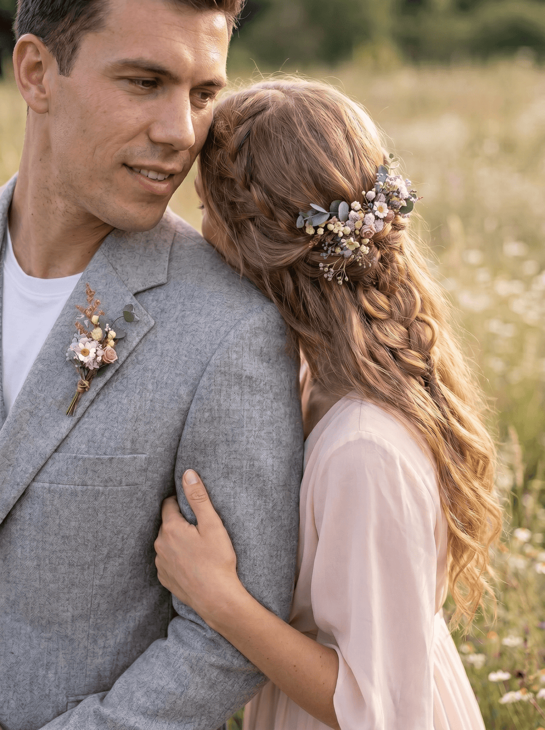 Romantic Meadow Hair Comb and Boutonniere in Wildflowers Style – handmade floral hair accessory by magaela