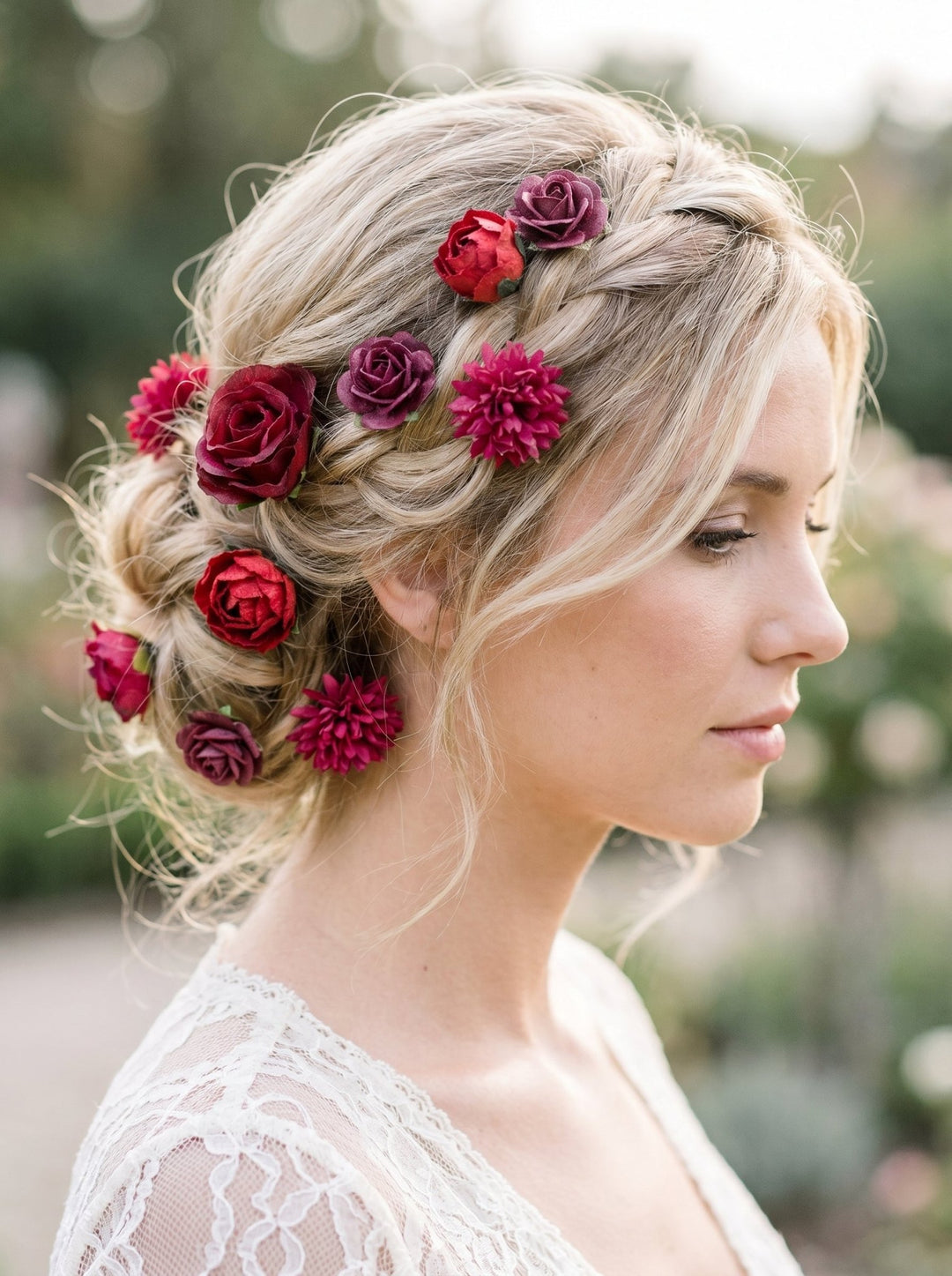 Red Burgundy Flower Hair Pins: Autumn Wedding Bridal Hair Accessories – handmade floral hair accessory by magaela