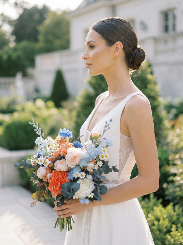 Korallenblaues Brautbouquet mit Pfingstrosen, Hortensien und Kornblumen