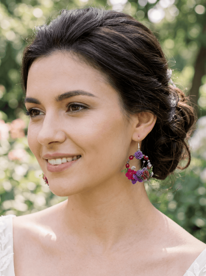 Purple and Burgundy Floral Circle Earrings – Handmade Bridal Flower Earrings – handmade floral hair accessory by magaela