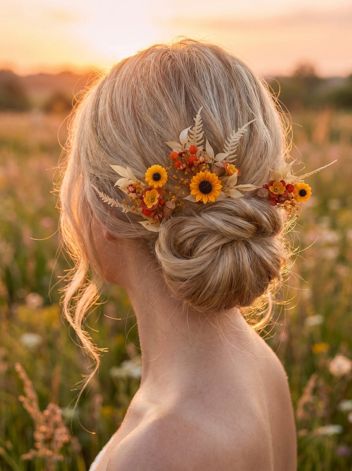 Sunflower Hair Pins: Boho Wedding Hair Clips, Cottagecore Style – handmade floral hair accessory by magaela
