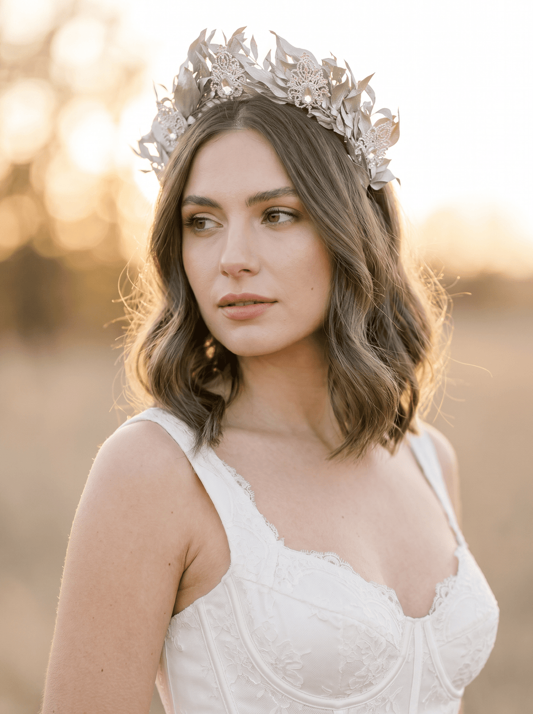 Silver Bridal Crown with Preserved Leaves, Filigree and Crystal Stones – handmade floral hair accessory by magaela