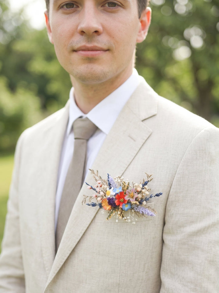 Vibrant Meadow Bridal Bouquet with Carnations, Iris and Wildflowers – handmade floral hair accessory by magaela