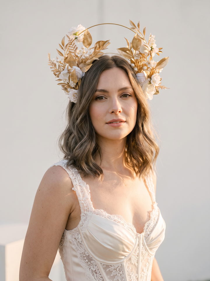 Golden Halo Crown with Hand-Painted Leaves, White Flowers and Pearls