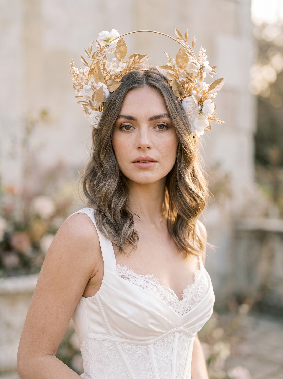 Golden Halo Crown with Hand-Painted Leaves, White Flowers and Pearls