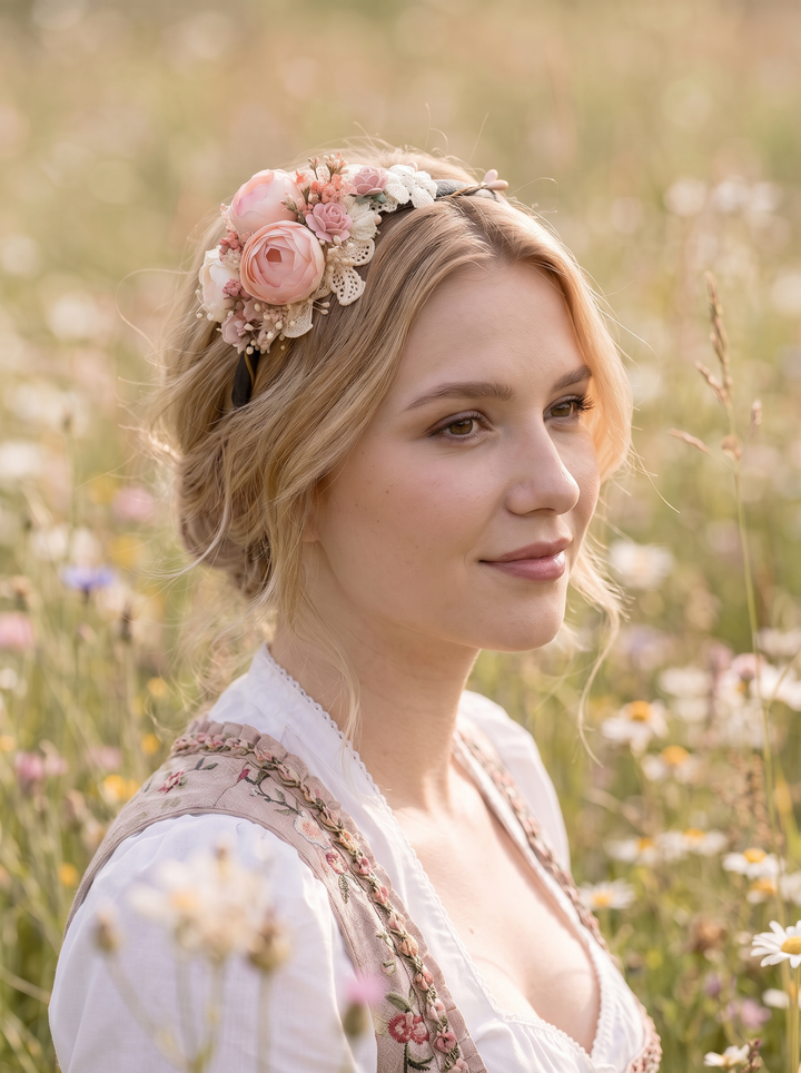 A woman in a white blouse with floral embroidery and a pink floral headpiece stands in a sunlit wildflower field.