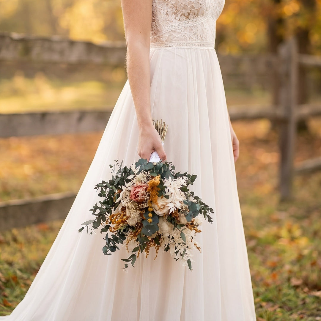Earthy tones Bridal Bouquet: Rustic Autumn Boho Wedding – handmade floral hair accessory by magaela