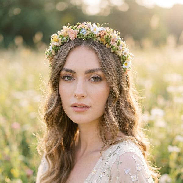 Pastel Flower Headband: Boho Bridal Meadow Crown – handmade floral hair accessory by magaela