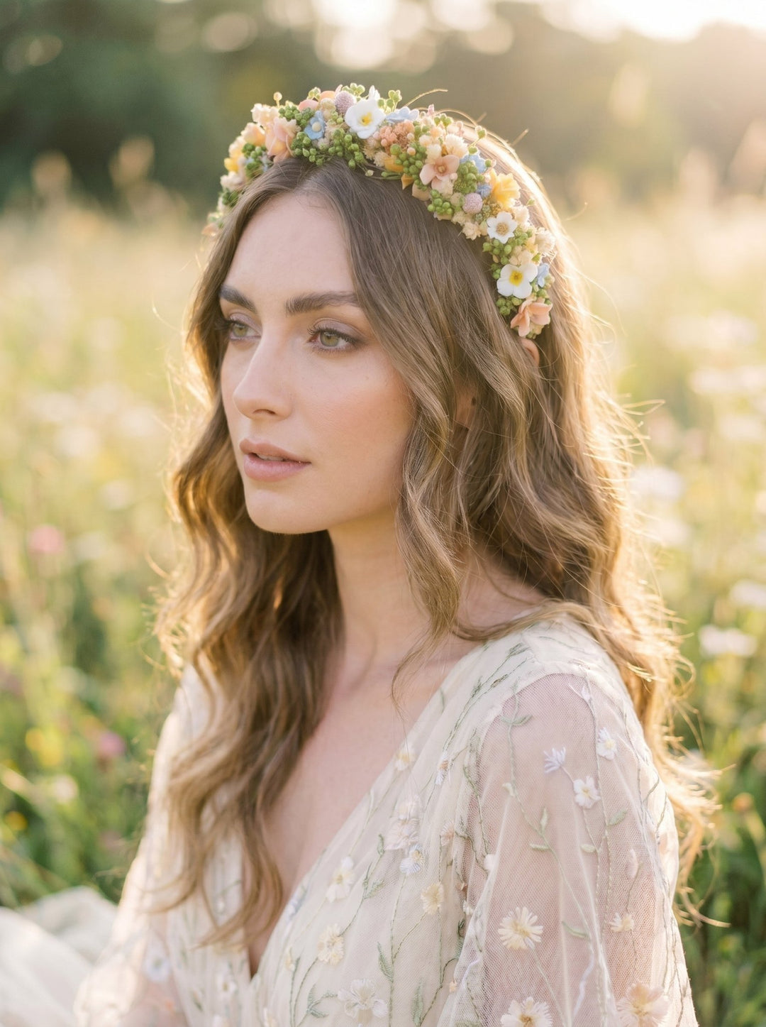 Pastel Flower Headband: Boho Bridal Meadow Crown – handmade floral hair accessory by magaela