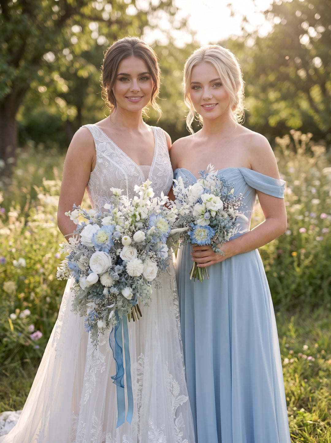 Blue and White Wedding Bouquet with Hydrangea, Ranunculus, Sweet Pea and Gypsophila