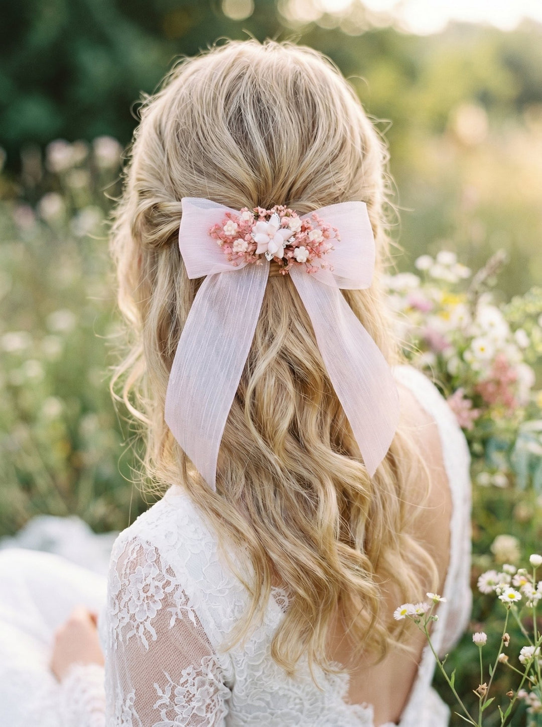 Pink Gypsophila Bow Hair Clip – Blush Floral Bridal Hair Accessory with Fabric Flowers – handmade floral hair accessory by magaela