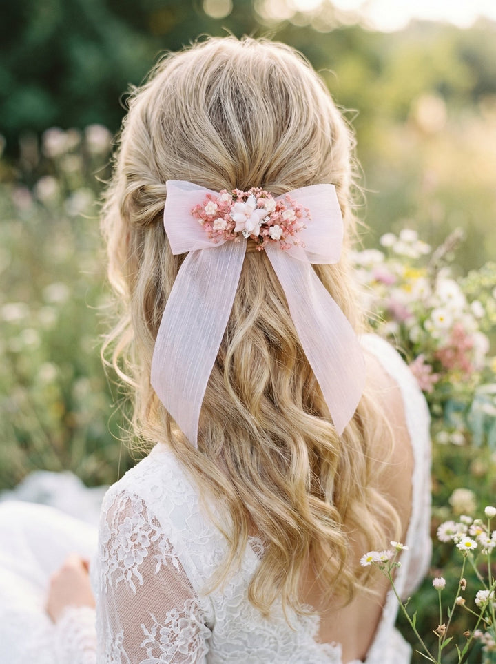 Pink Gypsophila Bow Hair Clip – Blush Floral Bridal Hair Accessory with Fabric Flowers – handmade floral hair accessory by magaela