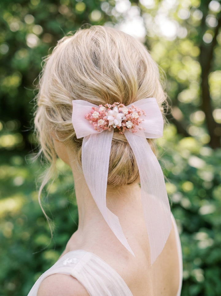 Pink Gypsophila Bow Hair Clip – Blush Floral Bridal Hair Accessory with Fabric Flowers – handmade floral hair accessory by magaela