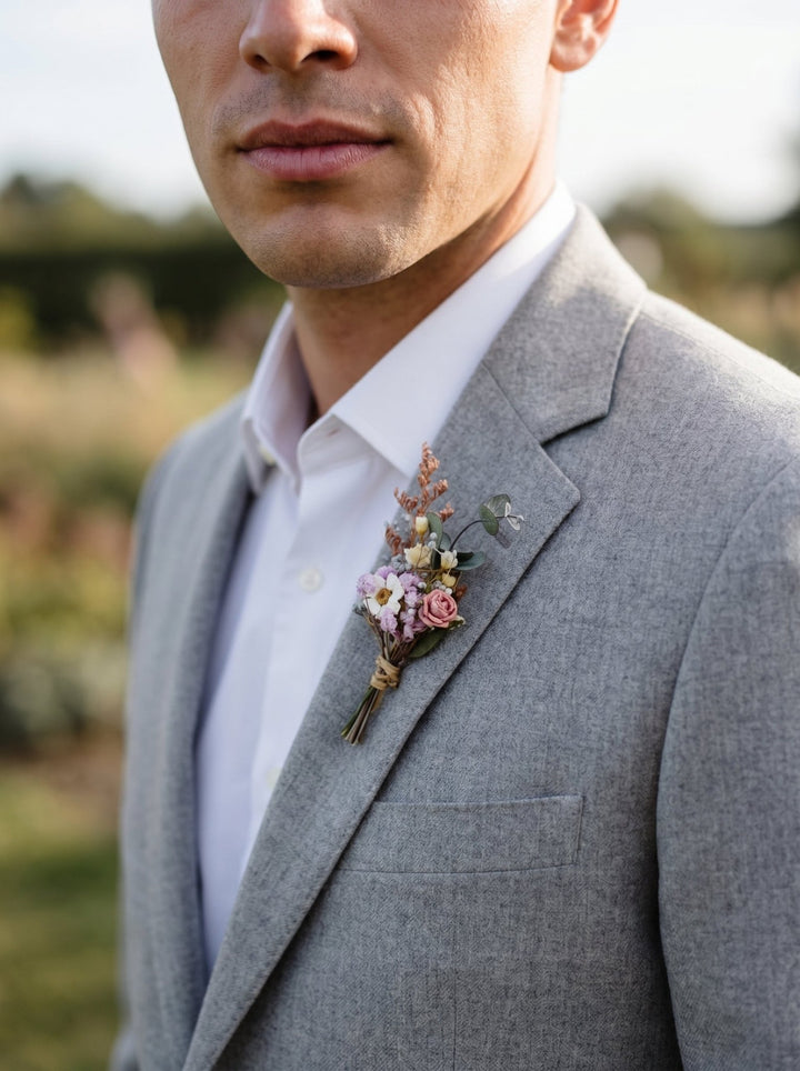 Pink Purple Flower Bridal Set: Boho Wedding Hair Comb, Boutonniere – handmade floral hair accessory by magaela
