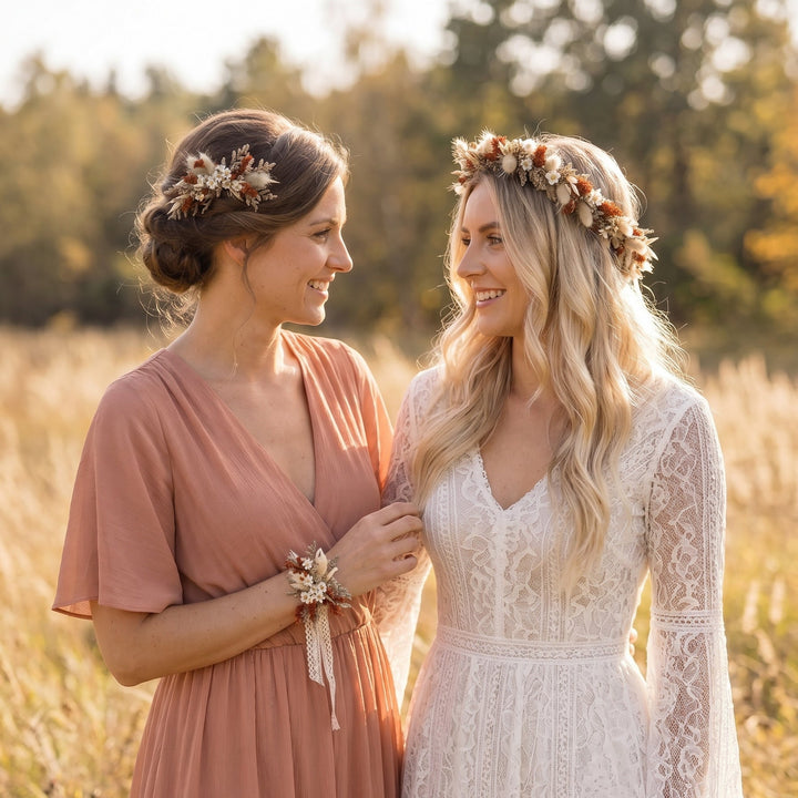 Terracotta Wedding Flower Set: Rustic Autumn Wreath, Bracelet & Hair Comb – handmade floral hair accessory by magaela