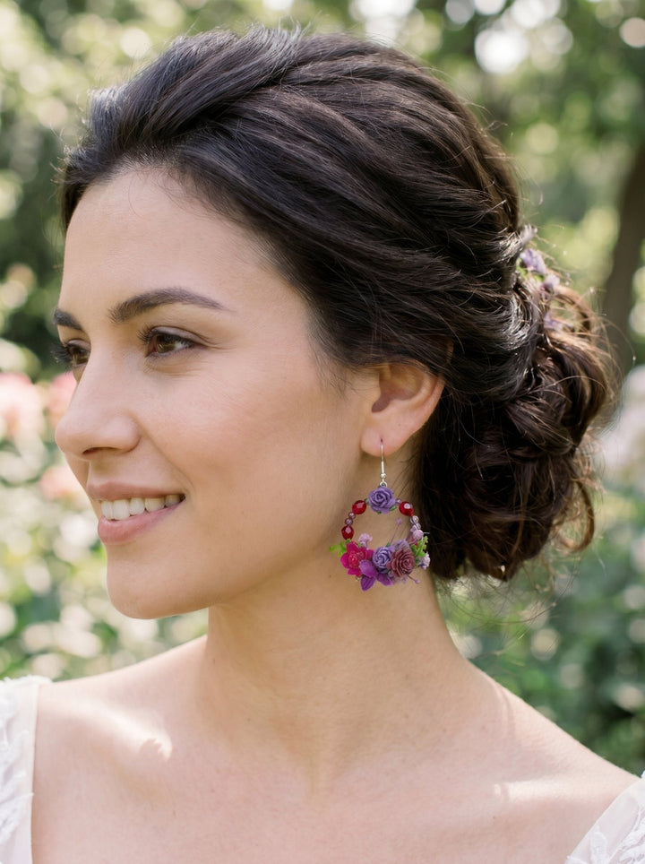 Purple and Burgundy Floral Circle Earrings – Handmade Bridal Flower Earrings – handmade floral hair accessory by magaela