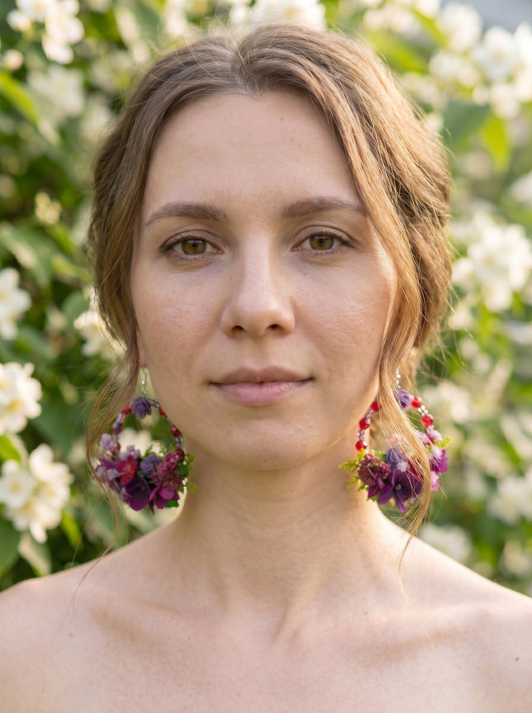 Purple and Burgundy Floral Circle Earrings – Handmade Bridal Flower Earrings – handmade floral hair accessory by magaela