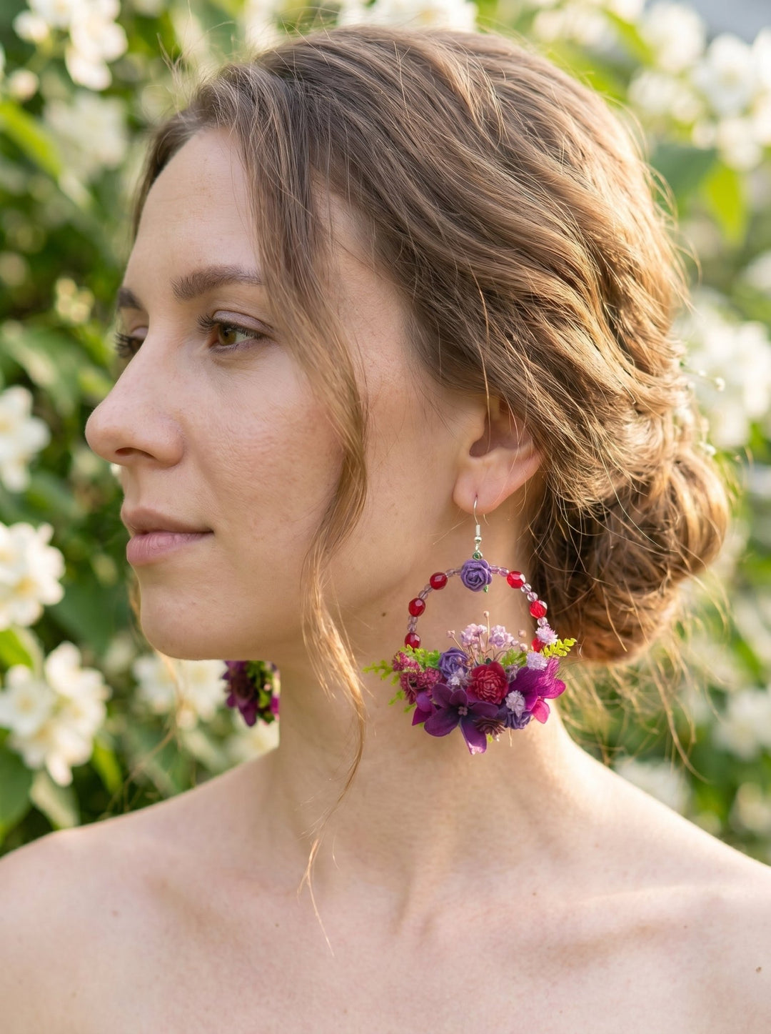 Purple and Burgundy Floral Circle Earrings – Handmade Bridal Flower Earrings – handmade floral hair accessory by magaela