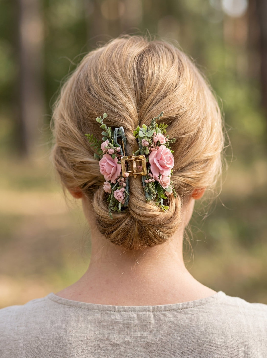 Romantic hair claw clip - dusty pink roses and greenery hair clip – handmade floral hair accessory by magaela