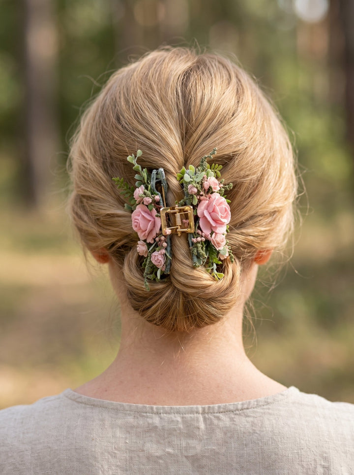 Romantic hair claw clip - dusty pink roses and greenery hair clip – handmade floral hair accessory by magaela