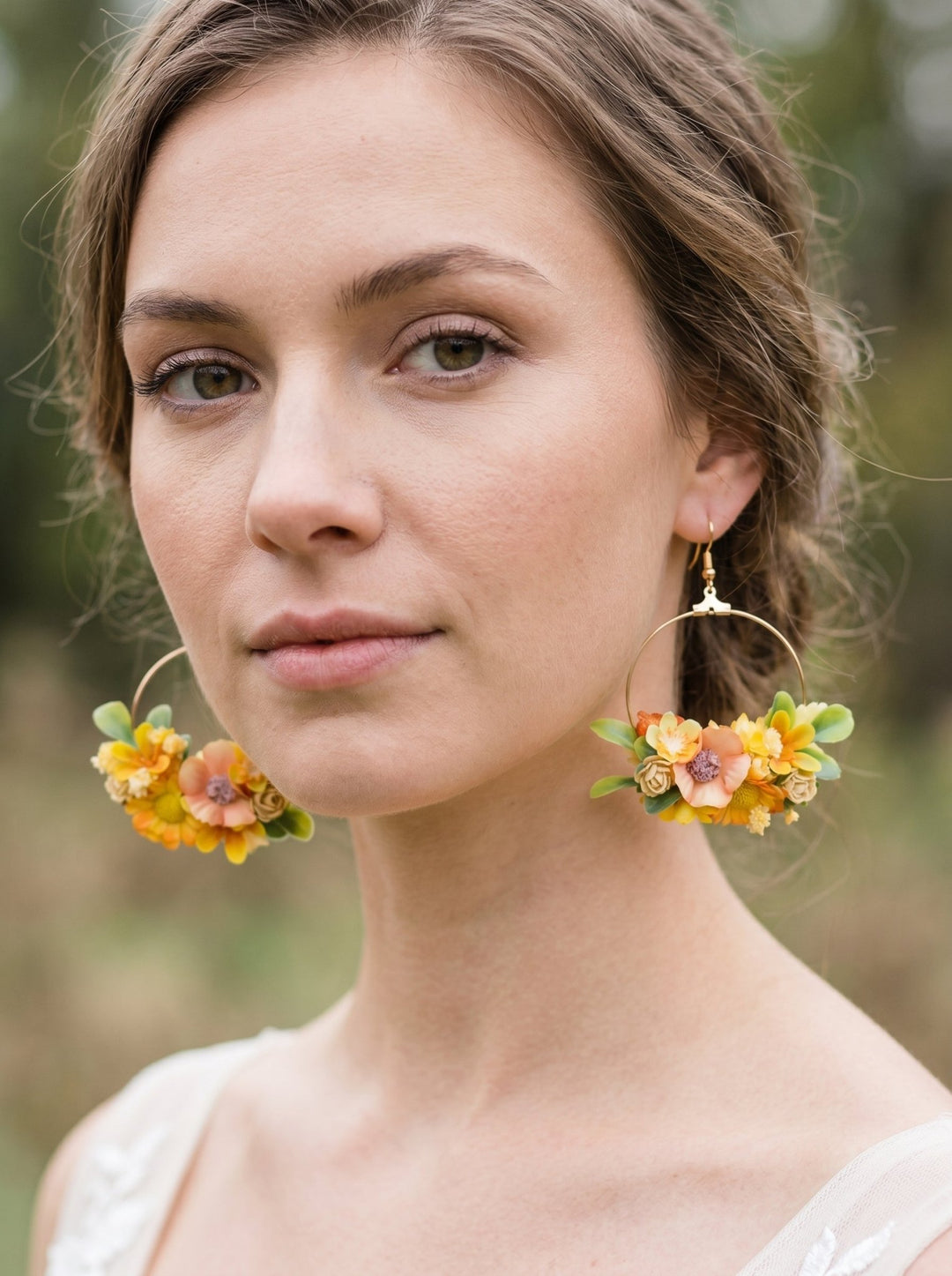 Yellow Floral Circle Earrings – Handmade Bridal Flower Earrings – handmade floral hair accessory by magaela