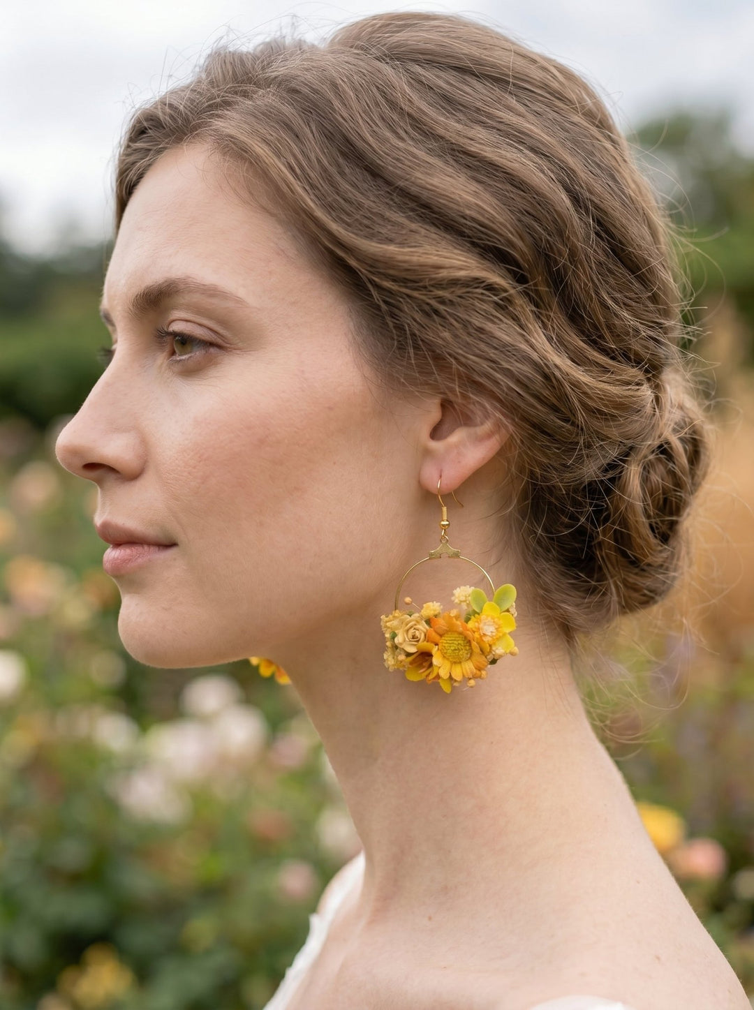 Yellow Floral Circle Earrings – Handmade Bridal Flower Earrings – handmade floral hair accessory by magaela