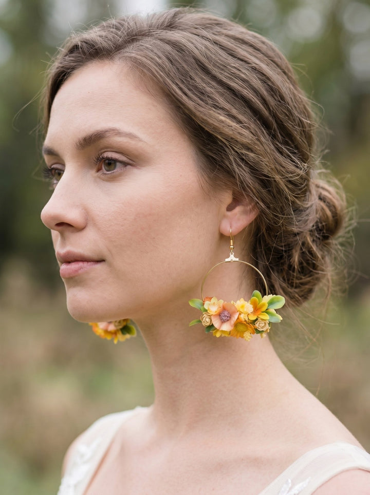 Yellow Floral Circle Earrings – Handmade Bridal Flower Earrings – handmade floral hair accessory by magaela