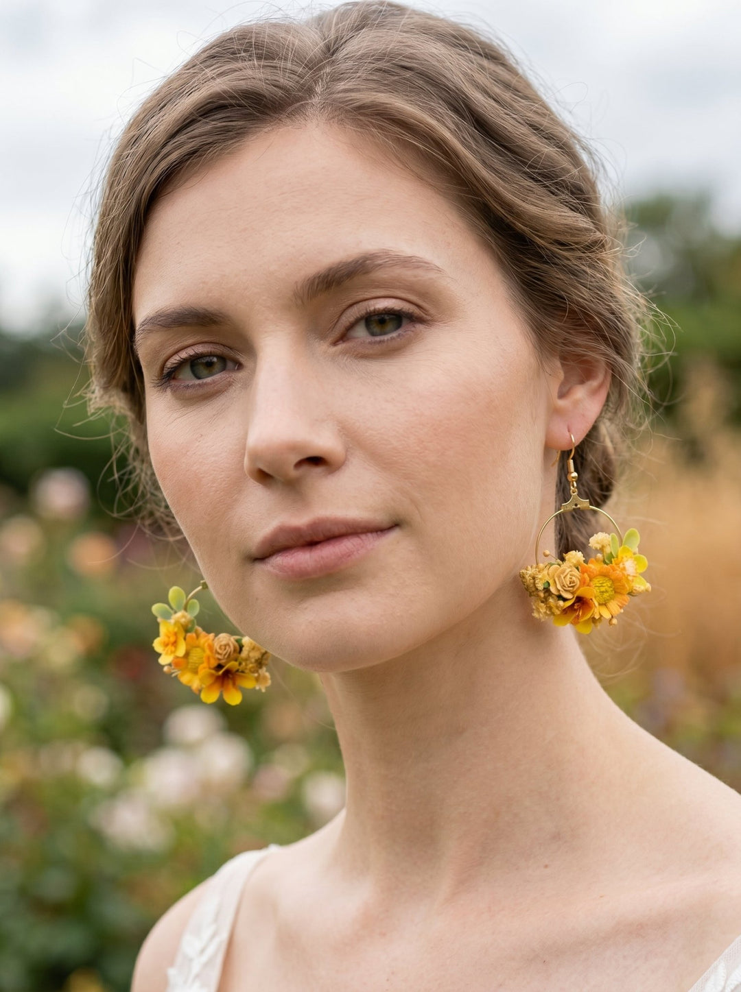 Yellow Floral Circle Earrings – Handmade Bridal Flower Earrings – handmade floral hair accessory by magaela