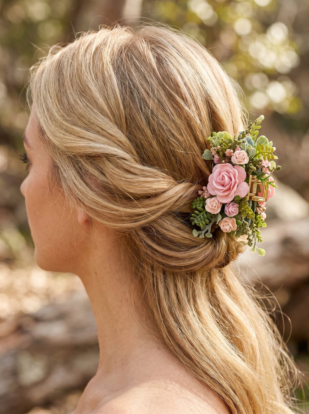 Romantic hair claw clip - dusty pink roses and greenery hair clip – handmade floral hair accessory by magaela