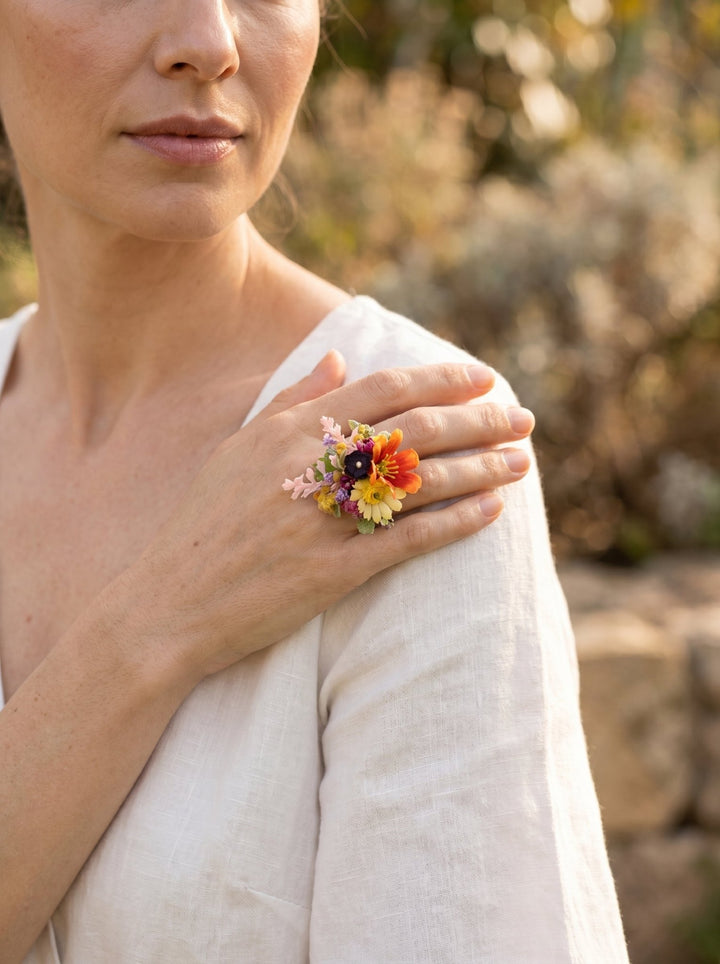 Colorful Wildflower Ring – Handmade Adjustable Flower Ring – handmade floral hair accessory by magaela