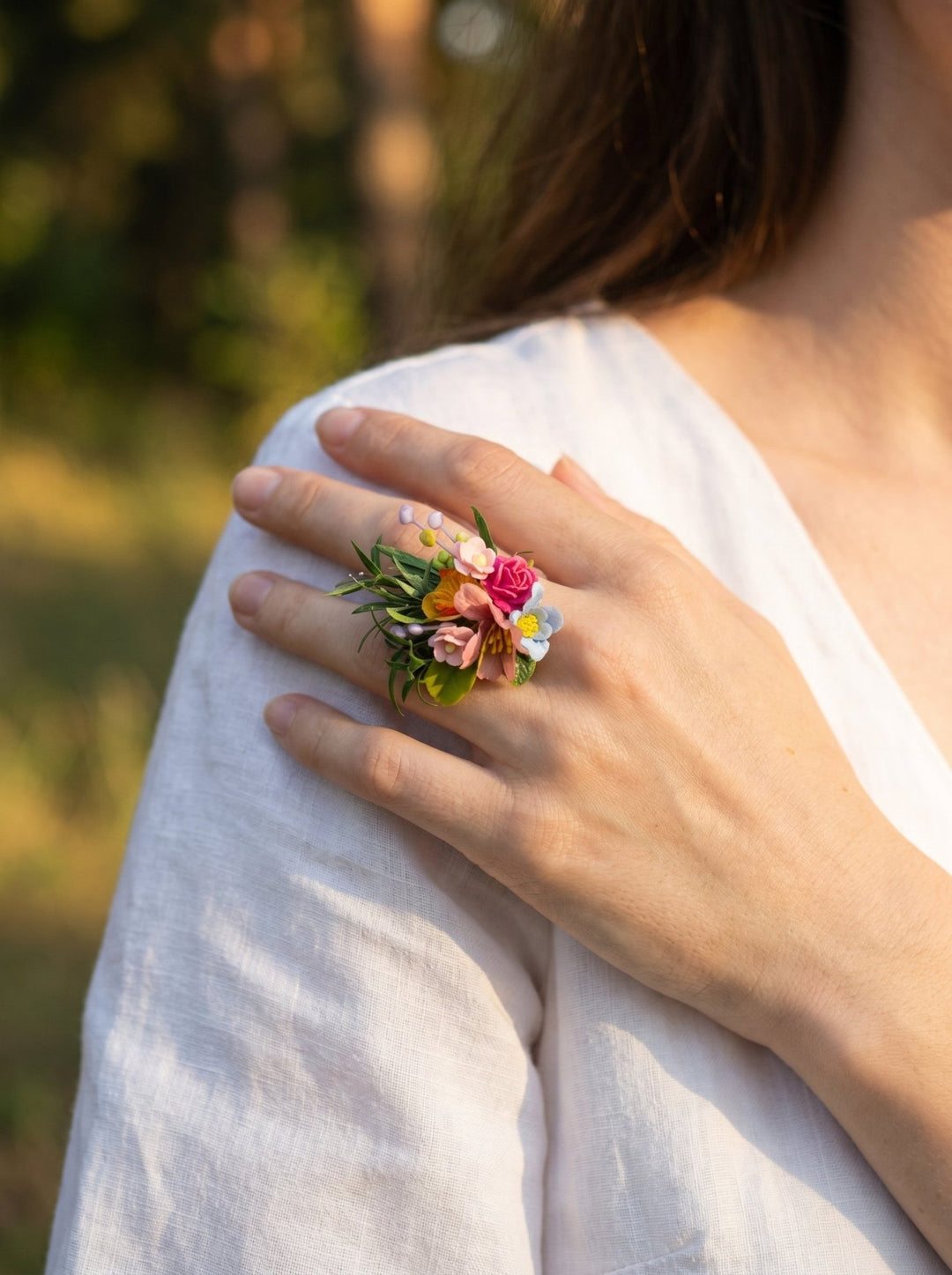 Colorful Wildflower Ring: Handmade Adjustable Flower Ring with Preserved Leaves – handmade floral hair accessory by magaela