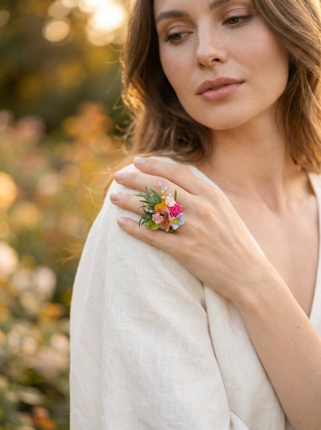 Colorful Wildflower Ring: Handmade Adjustable Flower Ring with Preserved Leaves – handmade floral hair accessory by magaela