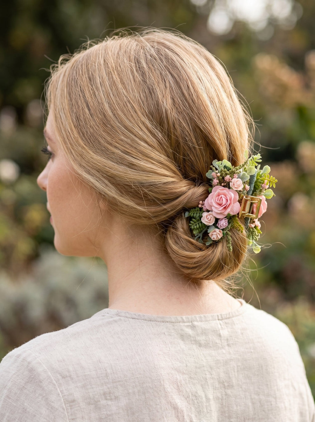 Romantic hair claw clip - dusty pink roses and greenery hair clip – handmade floral hair accessory by magaela